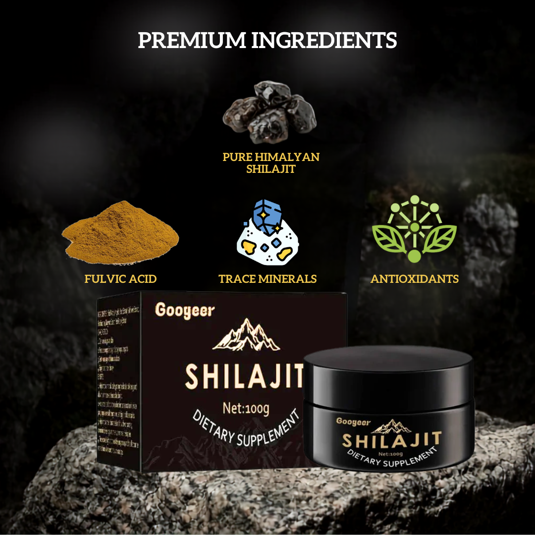 Googear brand Shilajit dietary supplement packaging shown with a black jar and box on a dark rocky background, alongside labeled ingredient callouts: pure Himalayan shilajit, fulvic acid, trace minerals, and antioxidants.