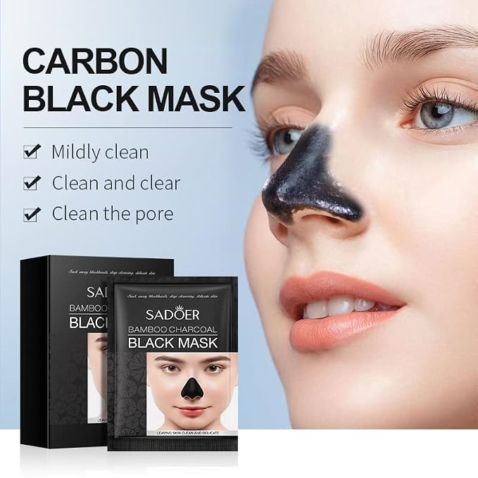 Sadoer Bamboo Charcoal Black Mask packaging shown next to a close-up of a woman's face with the mask applied to her nose, with text highlighting its pore-cleaning benefits.