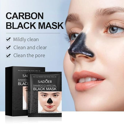 Sadoer Bamboo Charcoal Black Mask packaging shown next to a close-up of a woman's face with the mask applied to her nose, with text highlighting its pore-cleaning benefits.