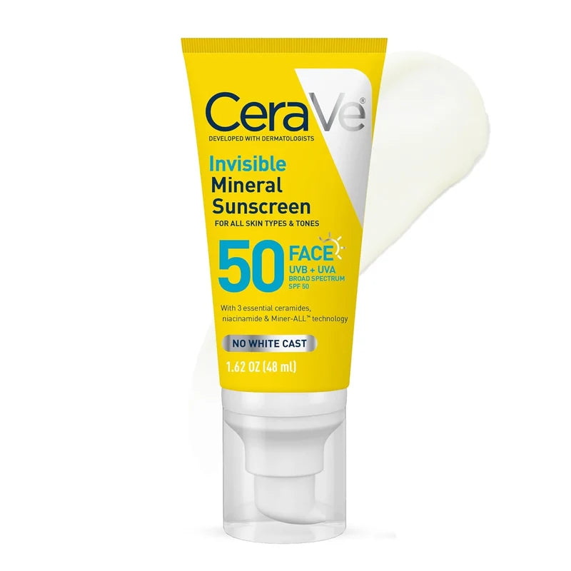 CeraVe Invisible Mineral Sunscreen SPF 50 (48ml) – No White Cast Hydrating Face Sunscreen