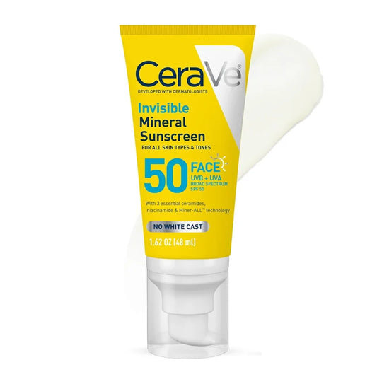 CeraVe Invisible Mineral Sunscreen SPF 50 (48ml) – No White Cast Hydrating Face Sunscreen