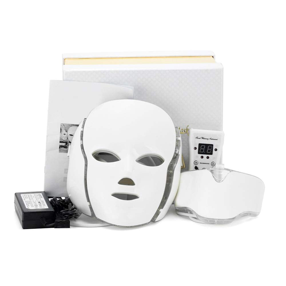 White LED face mask with power adapter on a white background