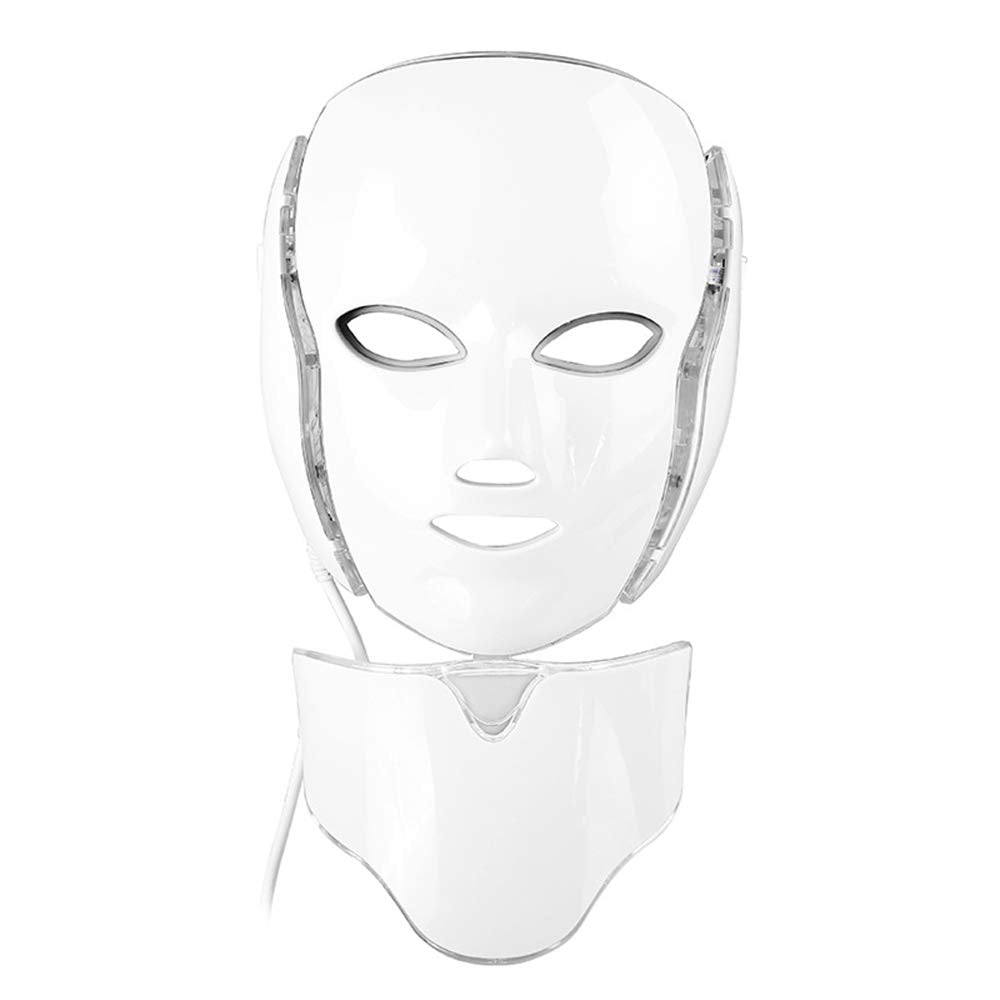 White LED facial therapy mask with integrated neck collar, shown on a plain white background.