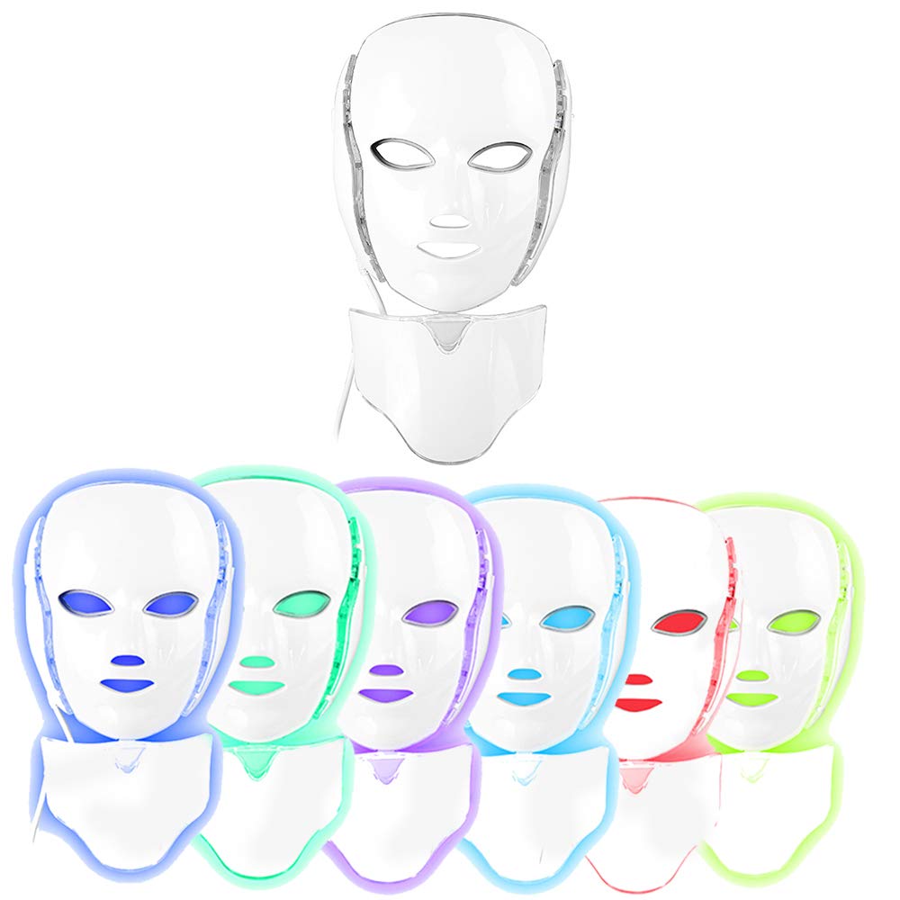 A white LED facial therapy mask shown from the front, with six color options below it glowing in blue, green, purple, light blue, red, and green.