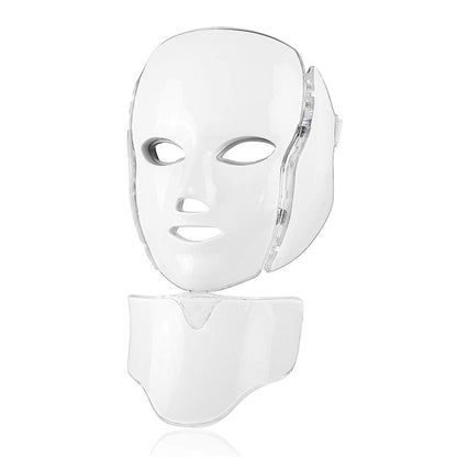 White LED light therapy face mask with a matching white neck collar, shown on a clean white background with a soft reflection.
