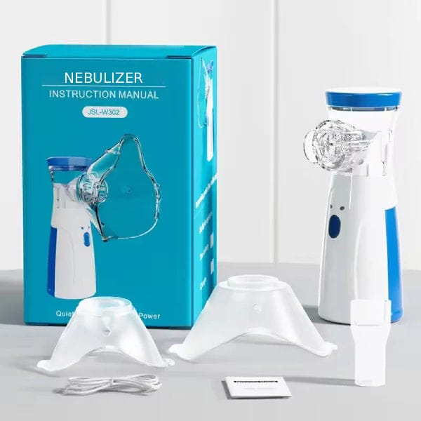 Mesh nebulizer with packaging and accessories on a light gray background