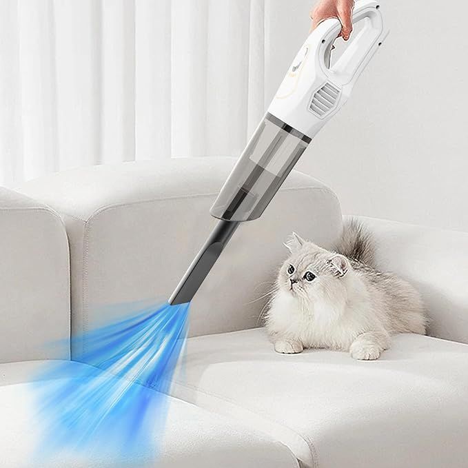 Handheld wireless vacuum cleaner cleaning pet furs from couch
