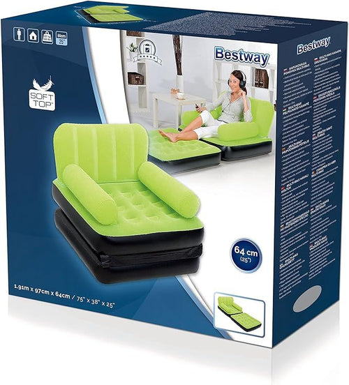 Green inflatable sofa with packaging displaying 'Bestway' brand