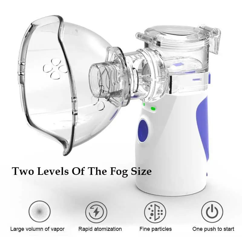 Portable nebulizer with clear mask and white body on a white background