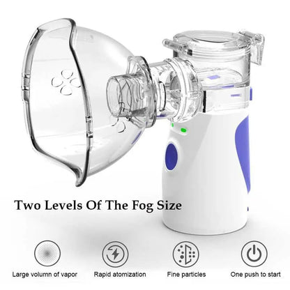 Portable nebulizer with clear mask and white body on a white background