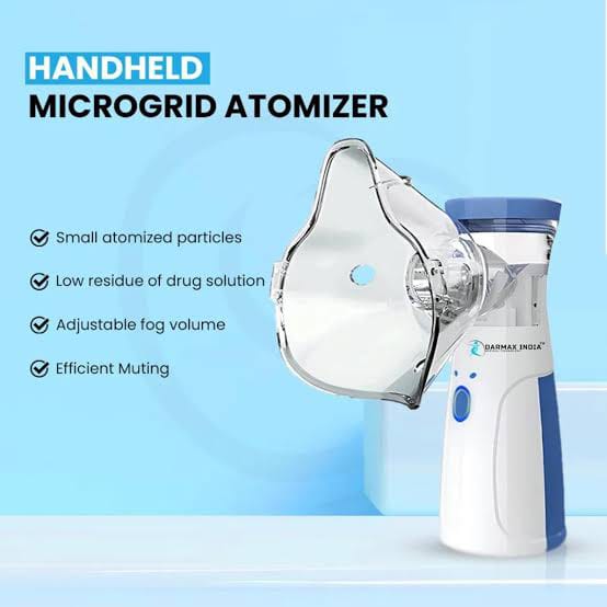 Handheld microgrid atomizer with features listed on a blue background