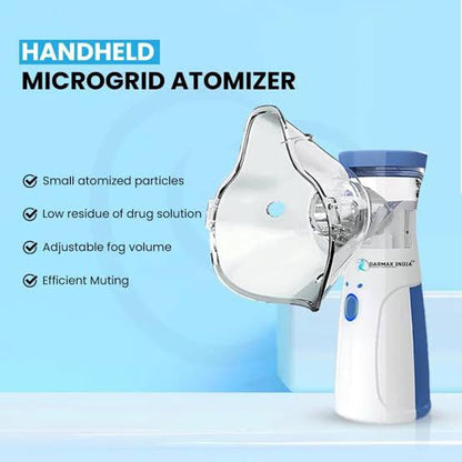 Handheld microgrid atomizer with features listed on a blue background
